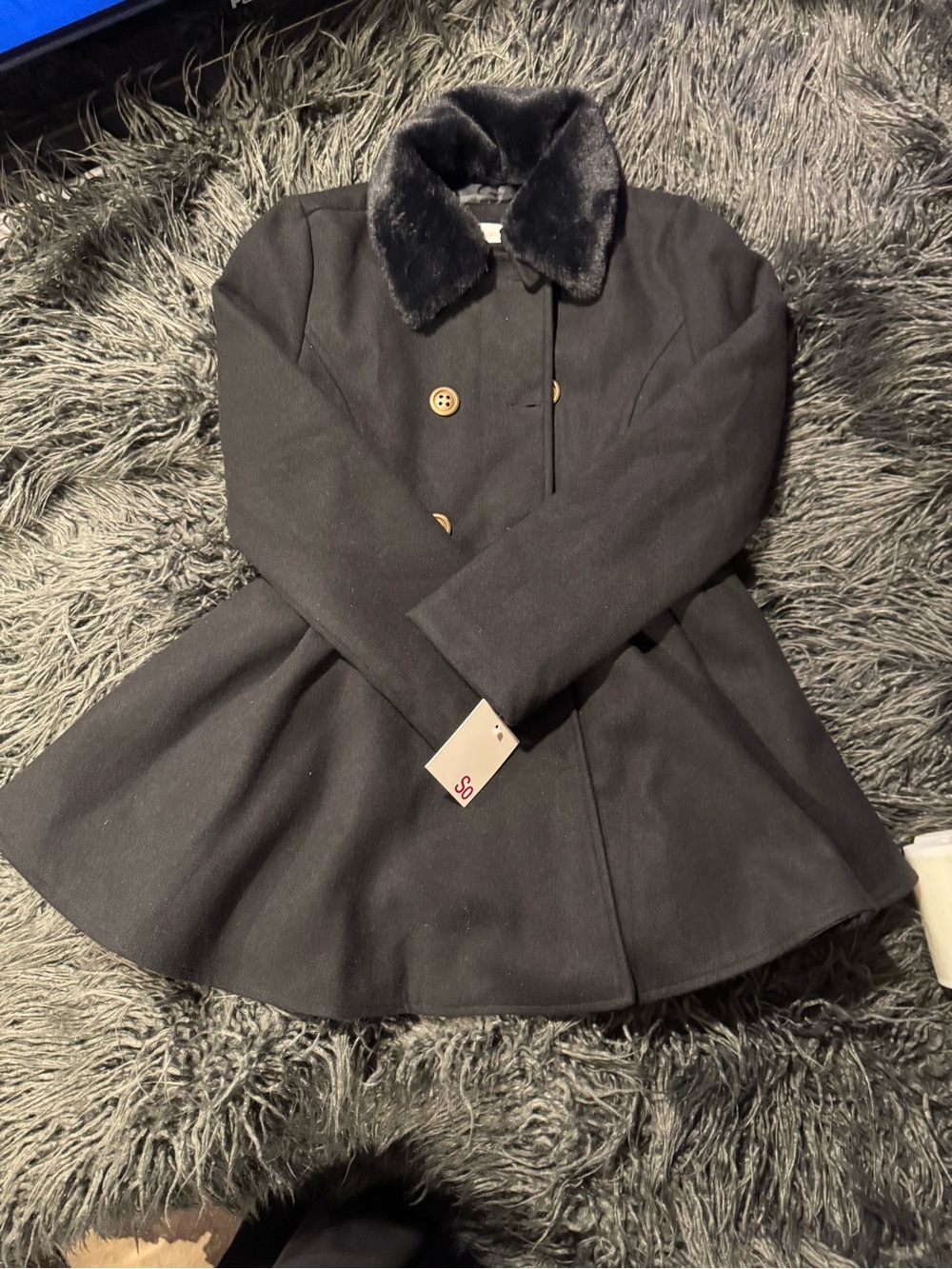 SO Girls' Black Peacoat with Removable Faux Fur Collar